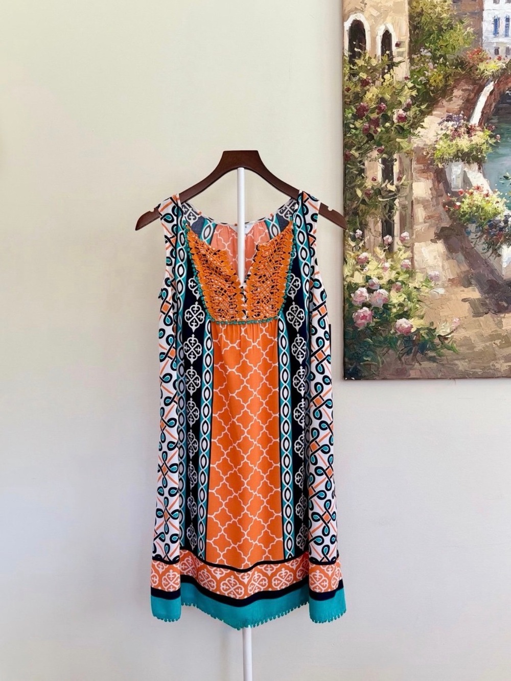 NWT Crown & Ivy Petite M Sleeveless A-Line Dress Orange Blue Geo Summer Cruise